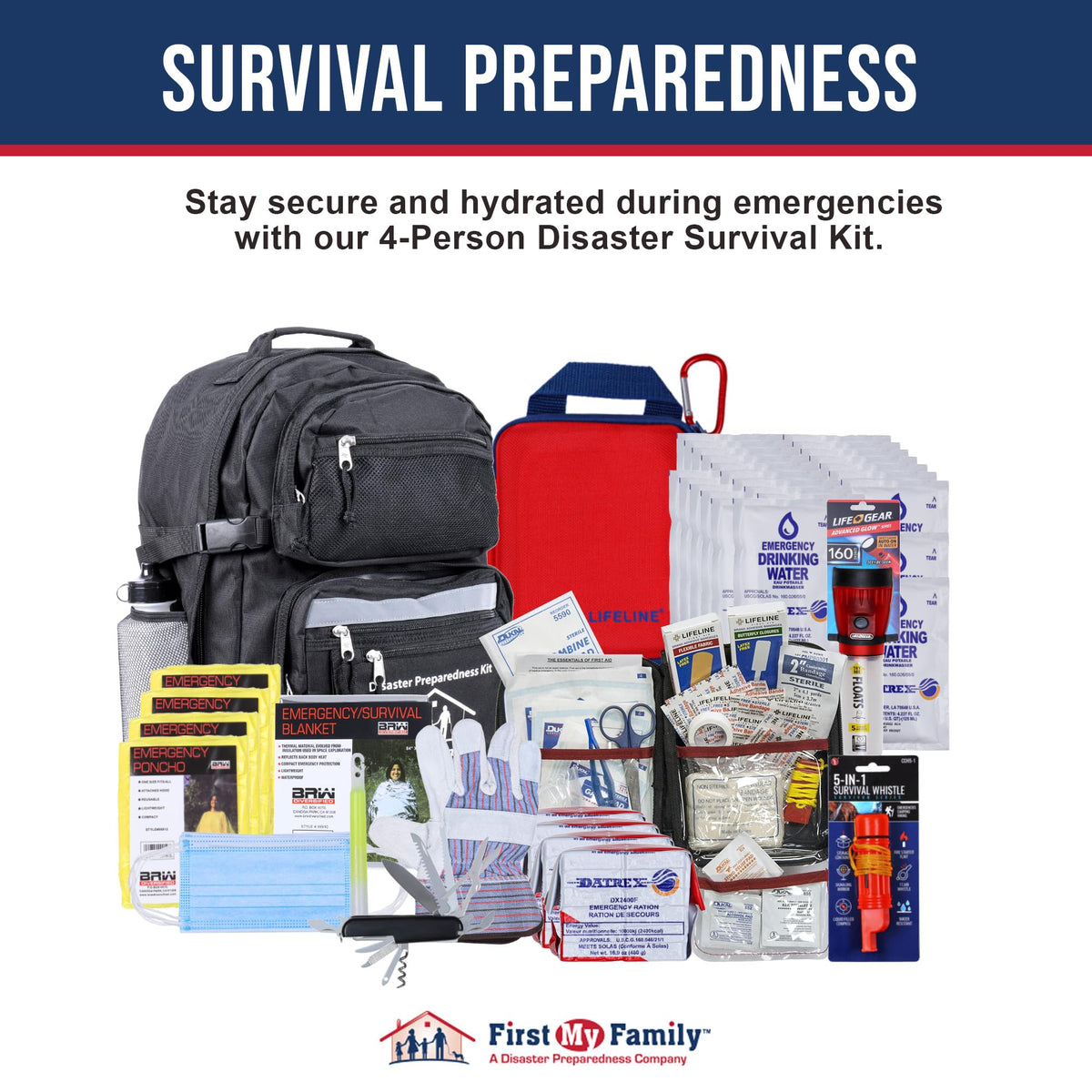 First My Family 4-Person 72-Hour Disaster Preparedness Kit – Emergency Survival Kit with Food, Water & First Aid