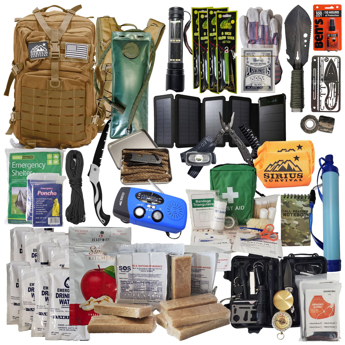 Sirius Survival 72 Hour Emergency Bug Out Backpack – Tan, 50L Tactical Survival Kit for 2 People