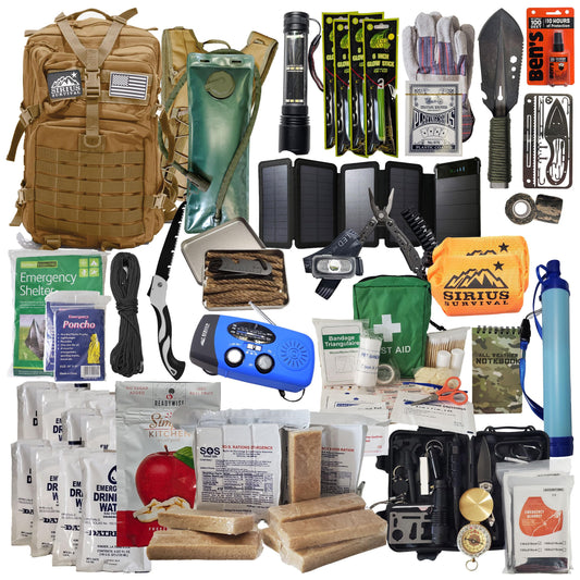 Sirius Survival 72 Hour Emergency Bug Out Backpack – Tan, 50L Tactical Survival Kit for 2 People