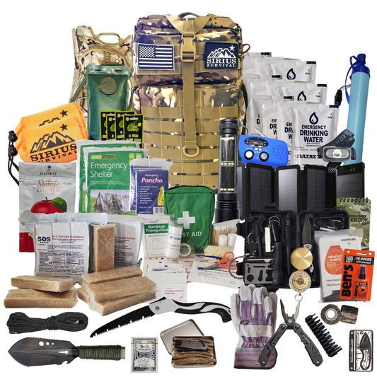 Sirius Survival 72 Hour Emergency Kit for 2 People – Comprehensive Bug Out Bag, Camo, 50L Tactical Backpack