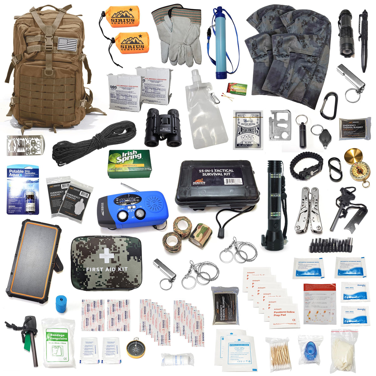 Sirius 50L Tactical Survival Backpack Kit for 2 – Pre-Packed Emergency Go Bag with Food & Gear (Tan)