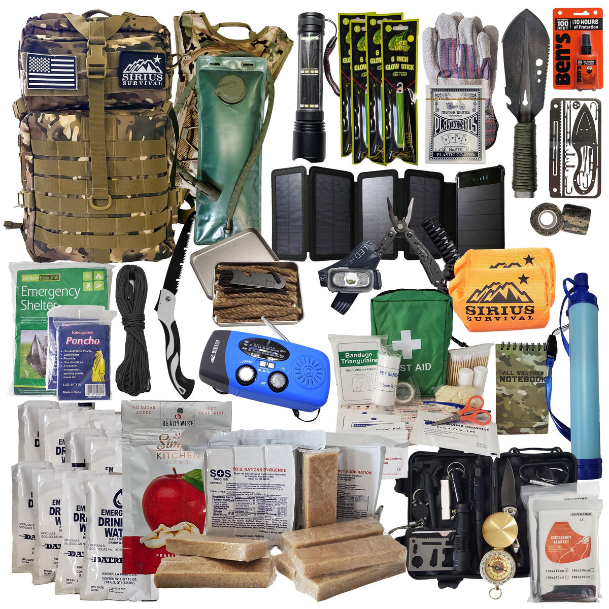 Sirius Survival 72 Hour Emergency Kit for 2 People – Comprehensive Bug Out Bag, Camo, 50L Tactical Backpack