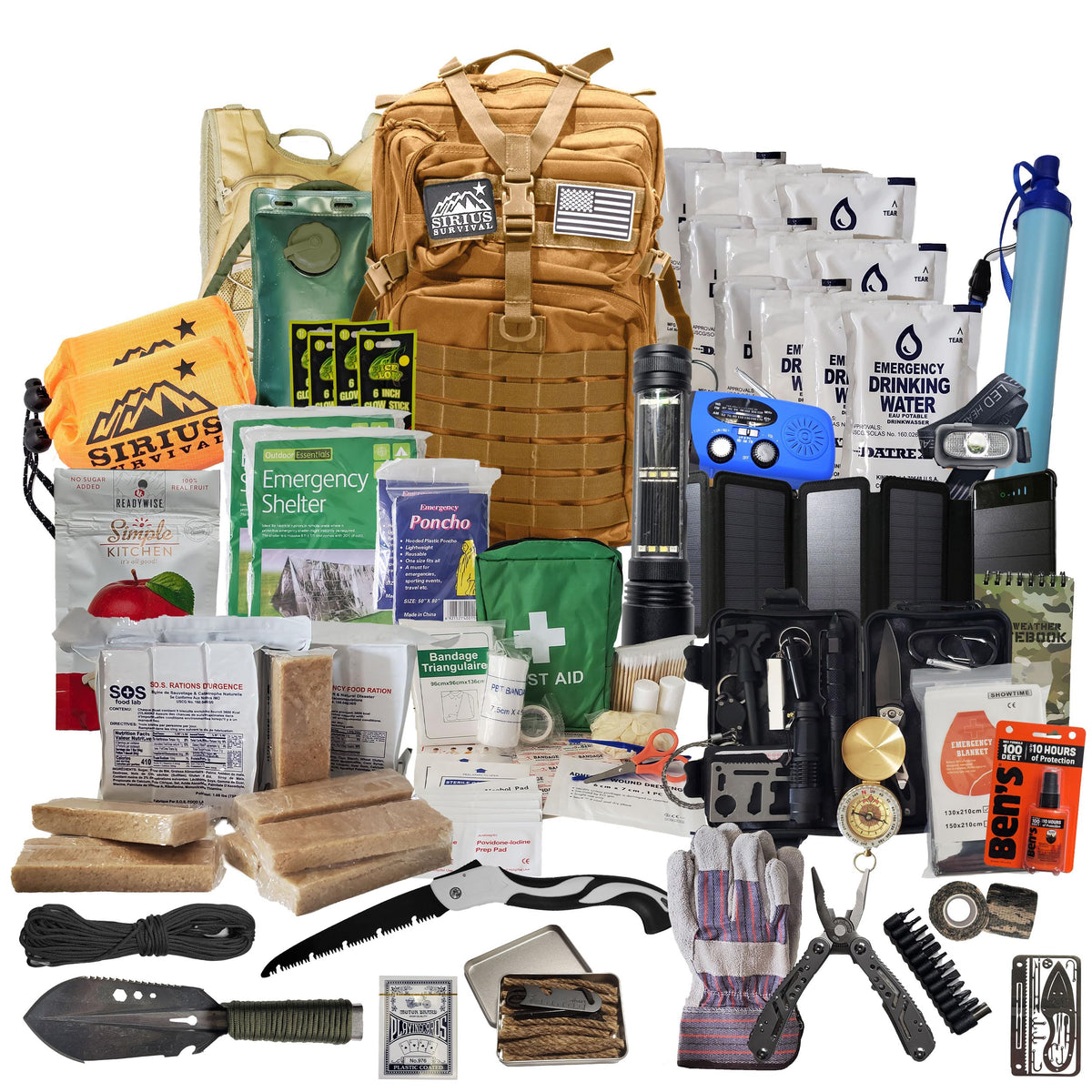 Sirius Survival 72 Hour Emergency Bug Out Backpack – Tan, 50L Tactical Survival Kit for 2 People