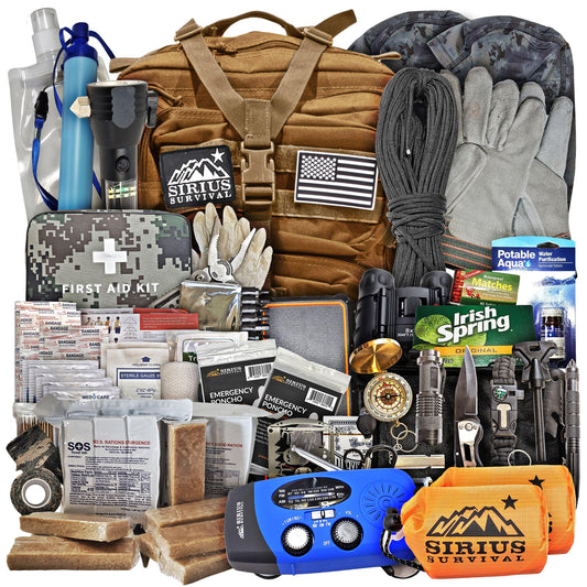 Sirius 50L Tactical Survival Backpack Kit for 2 – Pre-Packed Emergency Go Bag with Food & Gear (Tan)